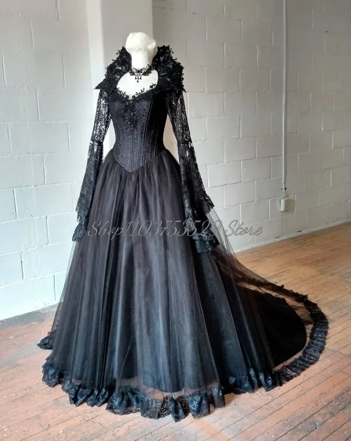 Classic Black Gothic Wedding Dress Medieval Vintage Lace Applique Victorian Corset Ruffle Tulle Tie Rococo Hochzeitspartykleid