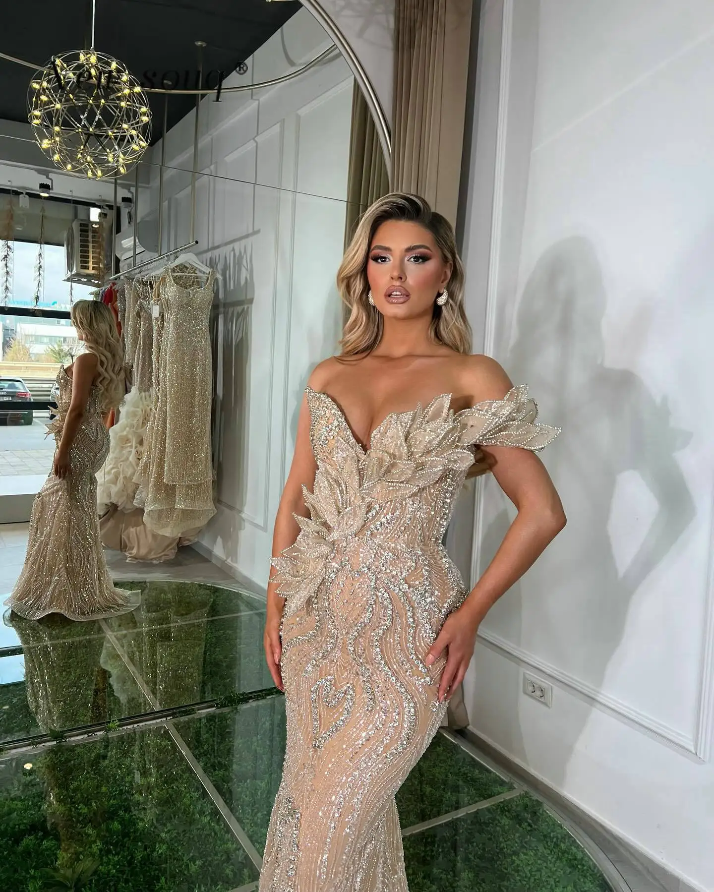 Modern Fashion Arabic Nude Champagne Mermaid Long Evening Dresses Sparkly Beaded Sequins Maxi Party Gowns for Women Wedding Wear