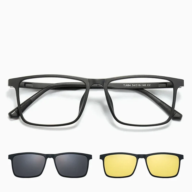 KJDCHD Plastic Steel magnetic Myopia Glasses Men's Three in One Night Vision Anti Glare Glasses Prescription Progressive Glasses