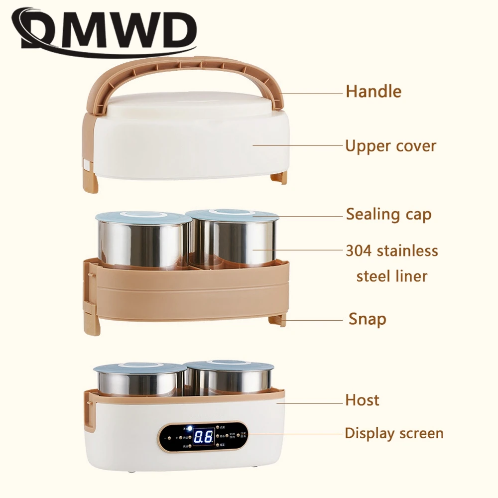 DMWD Portable Lunch Box 2L Food Heating Cooking Machine Egg Steamer Office Warmer Rice Cooker 9.3H Appointment 4 Liner 220V