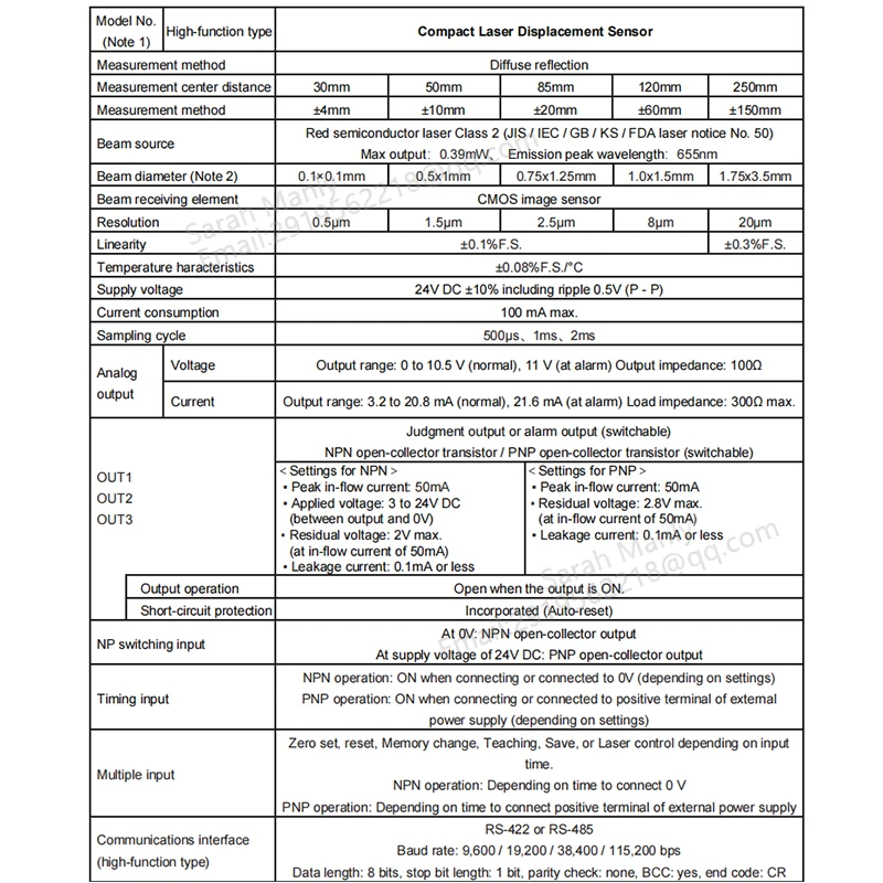 Measurement center distance 250mm Check for gaskets IP67 CMOS image Analog RS485 Laser displacement sensor