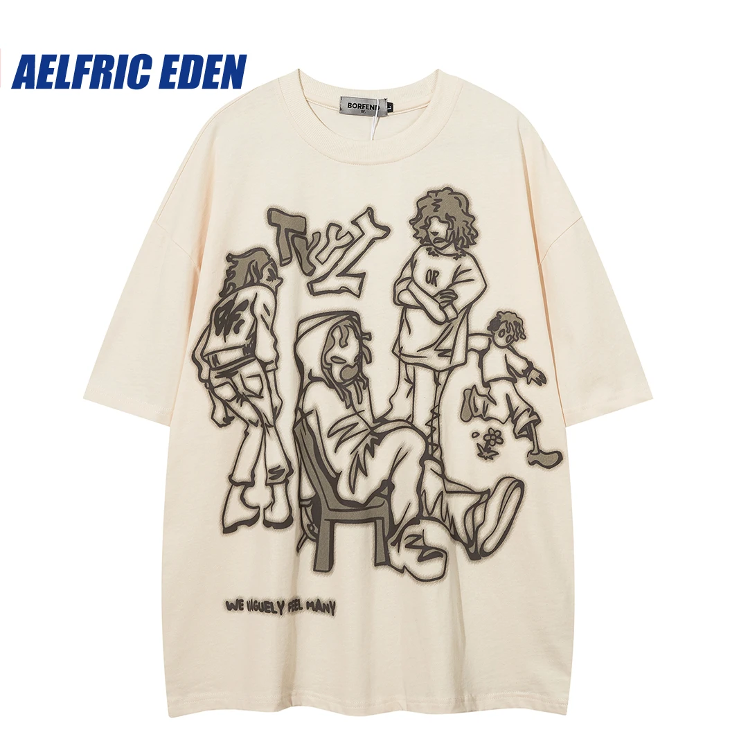 Aelfric Eden Mens Casual Y2K Cartoon Line Character Print T-shirts Harajuku Hip Hop Streetwear Anime Graphic Tshirts Cotton Tops