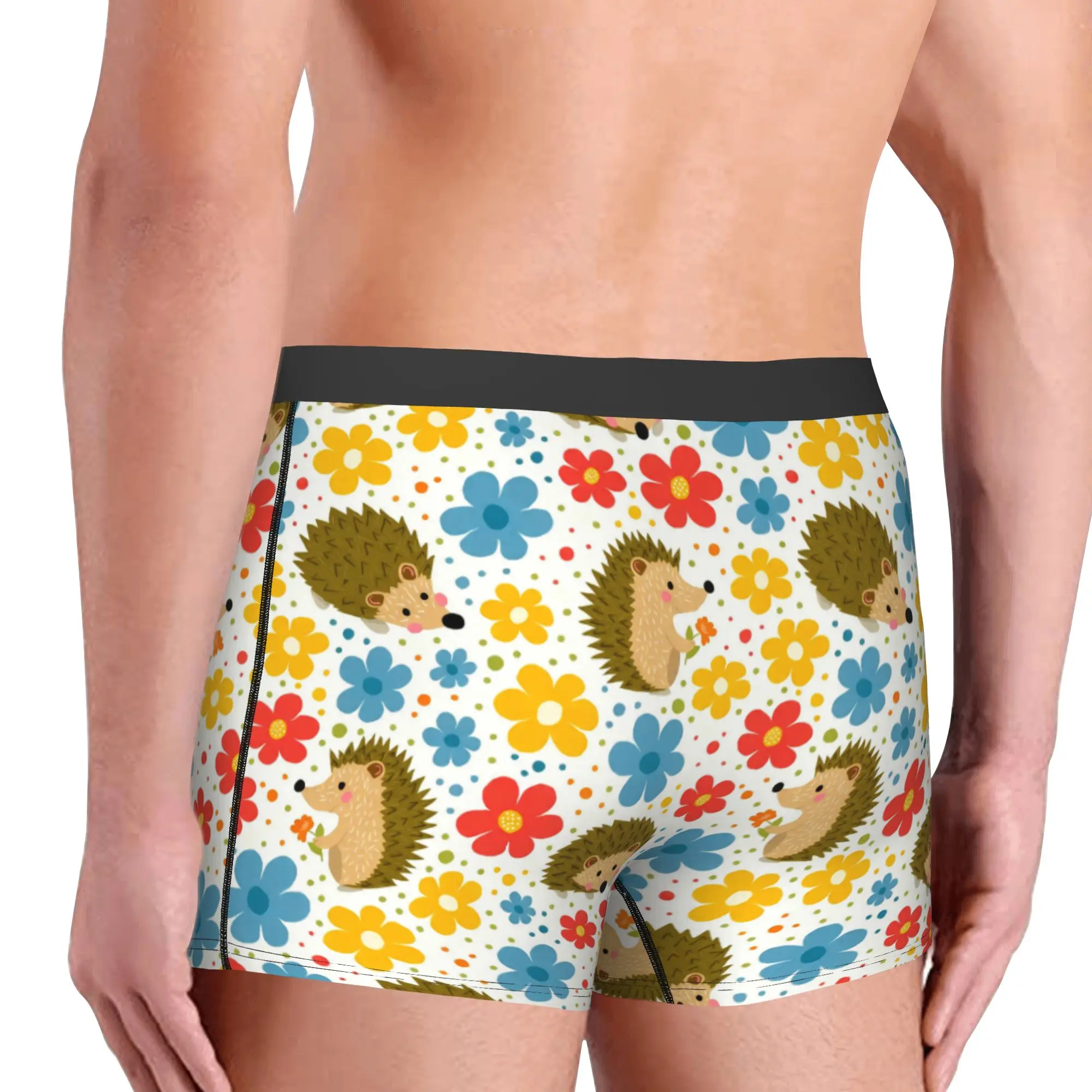 Happy Hedgehog Furze Pig  Boxers Shorts Men Flowers on Ivory  Briefs Underwear Fashion Underpants