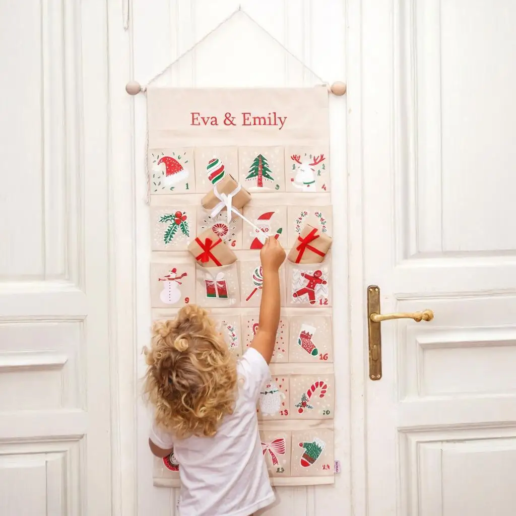 

Custom Name Advent Calendar Personalized Large Fabric Wall Hanging for Kids with 24 Pockets Handmade Christmas Countdown