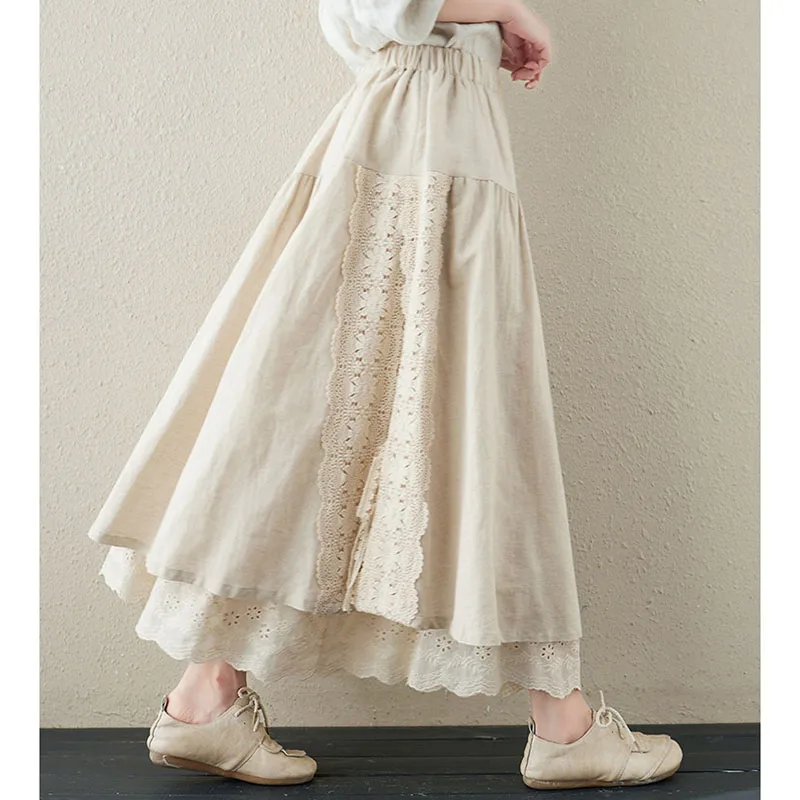 

Винтажная шикарная длинная юбка из льна и хлопка с вышивкой, женская летняя плиссированная макси-юбка с эластичной высокой талией, элегантная женская юбка А-силуэта