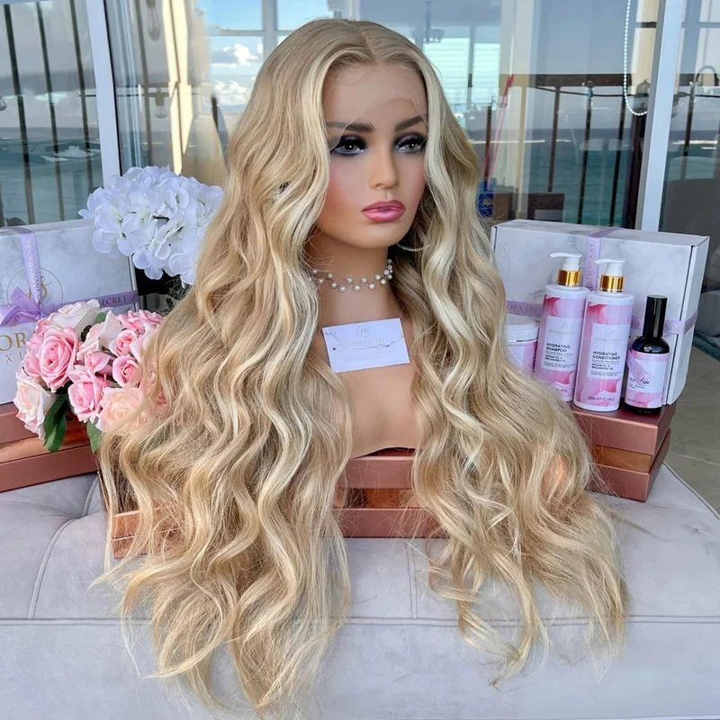 100% Human Hair  Ash Blonde Highlight Body Wave 13X4 Transparent Lace Front Wigs Glueless Baby Hair Pre Plucked Bleached Rnots