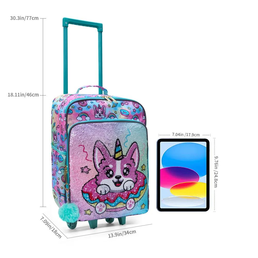 Girs Wheeled Suitcase, 18 inch Double-Sided Green Cartoon Puppy Sequins Design, Carry-On Suitcase, Nighttime Reflective.