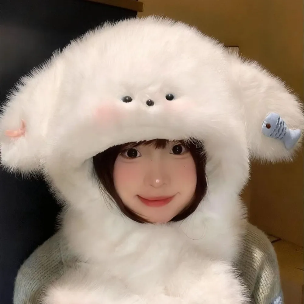 

Fashion Cute Ear Protection Hat Korean Style Soft Plush Pullover Hats Headgear Breathable Dog Hooded Scarf Hiking