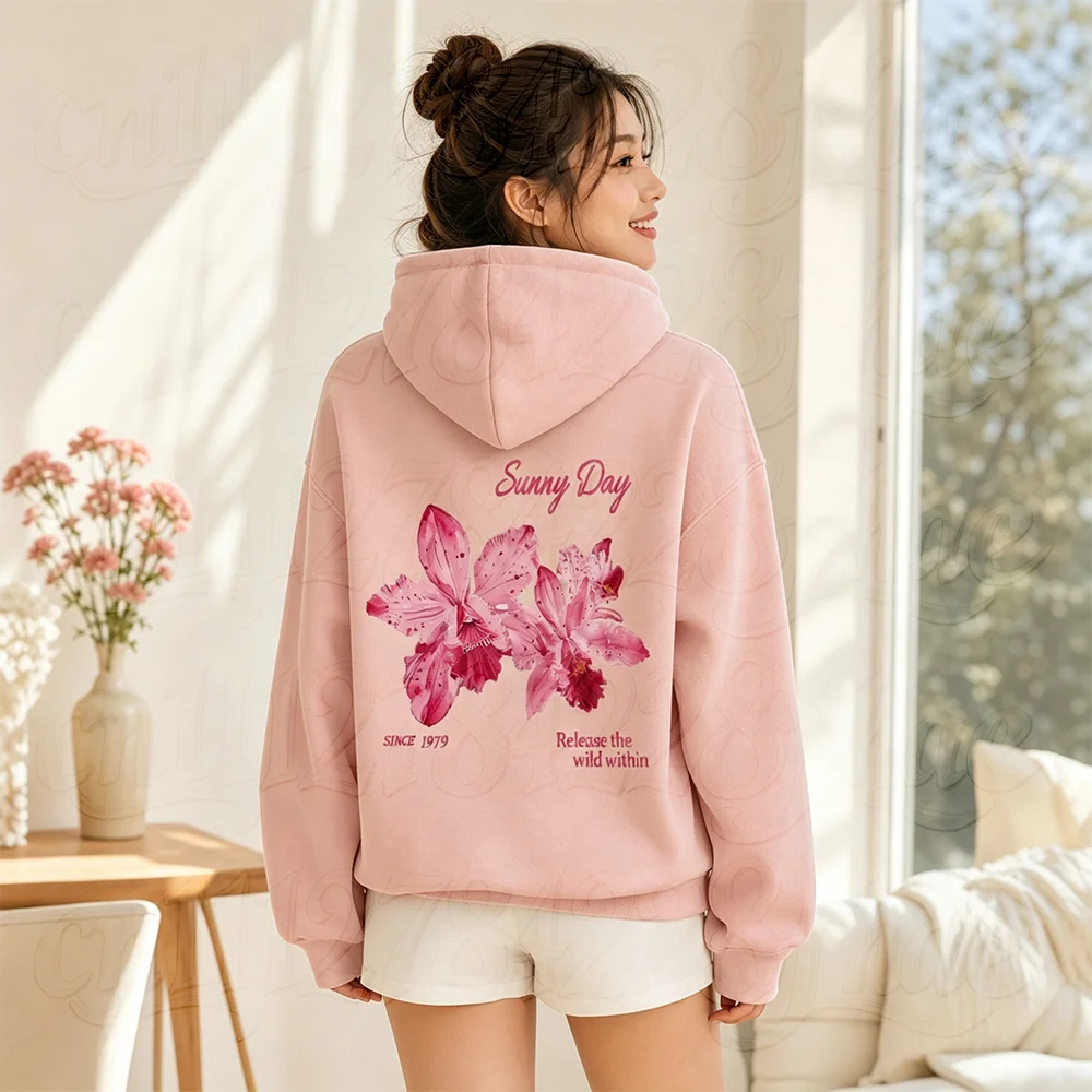 Women's Pink Orchid Floral Graphic Hoodies Vintage Aesthetic Long Sleeve Warm Sweatshirts Casual Autumn Winter Thanksgiving Top