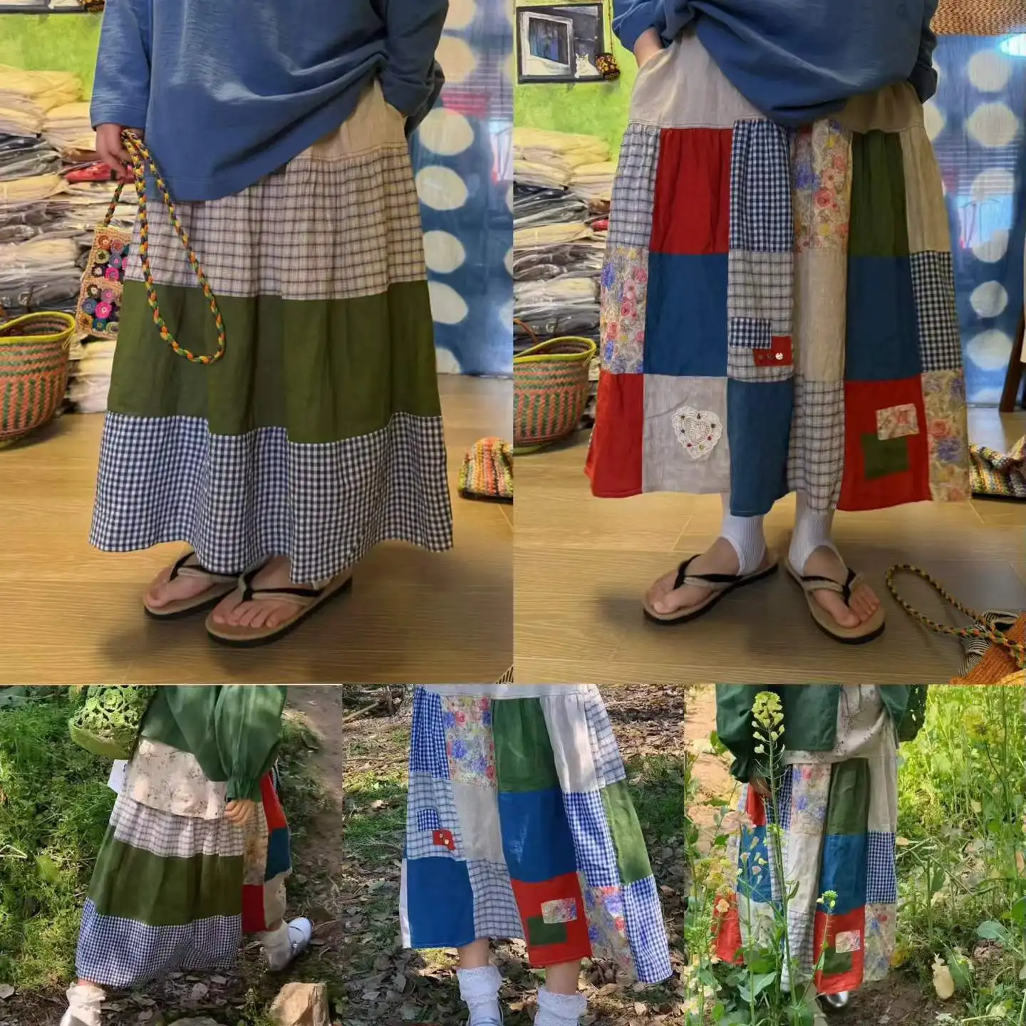Summer 2026 New Plaid Floral Patchwork Half Skirt Elastic Waist Pleated Women's Skirt Artistic Style Cotton Blend Fabric