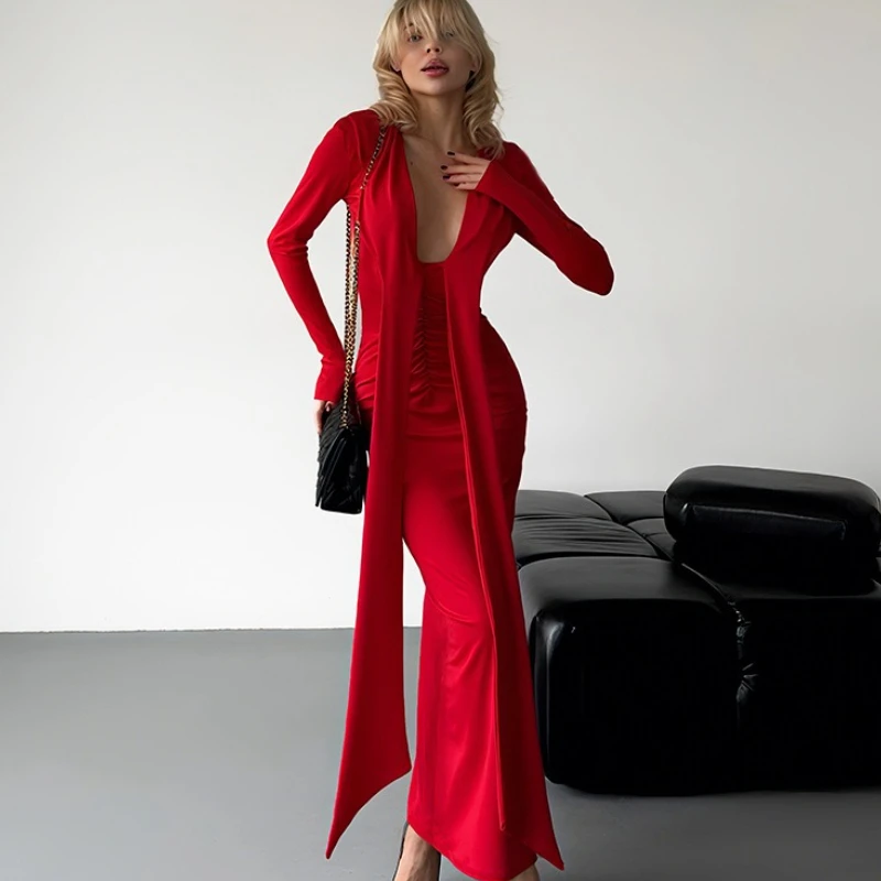 

TARUXY Elegant Pleated Bandage Dress Women's Slin Sexy Solid V-Neck Dress 2025 Autumn Casual Evening Party Robe Ladies Dress