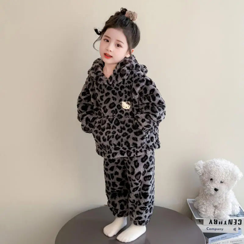 

Sanrio Hello Kitty Pullover Thicken Pajamas 2-Piece Set Girl Winter Leopard Print Tops Pants Child Kawaii Anime Cartoon Homewear