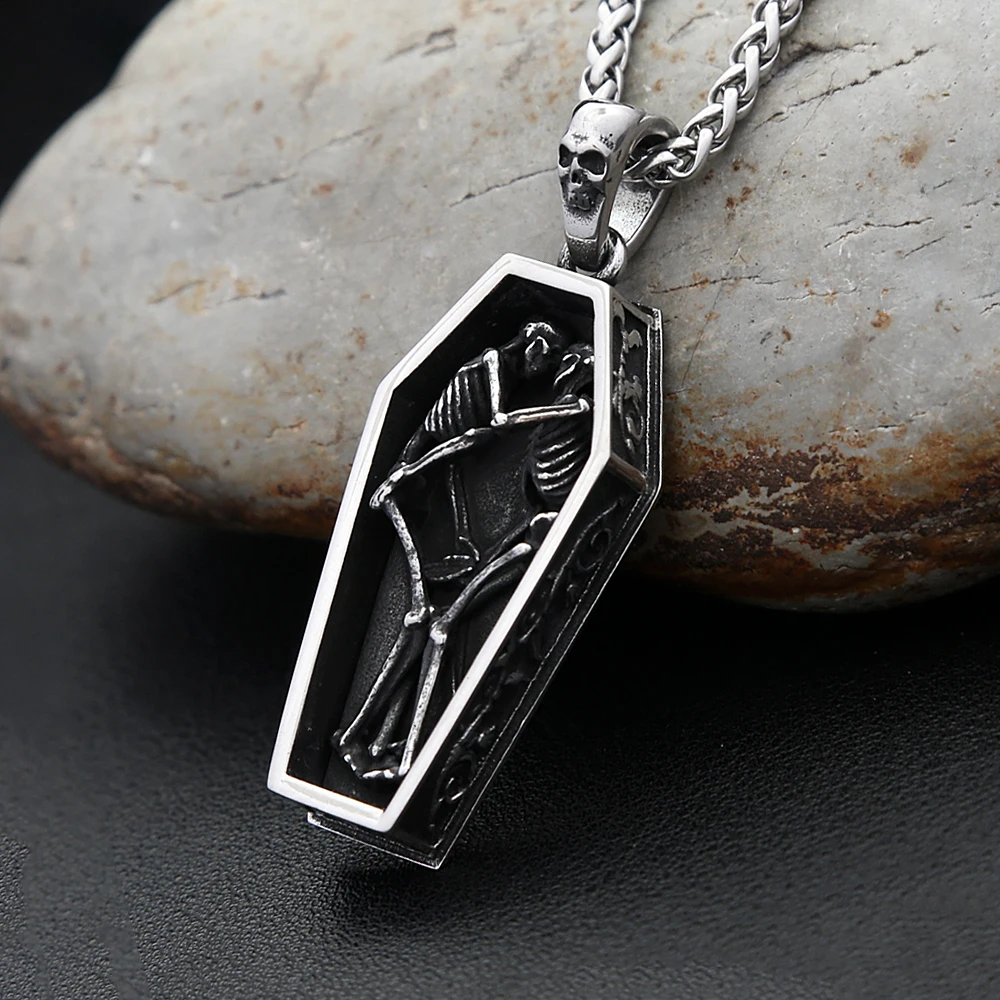 Gothic Vintage Stainless Steel Double Skull Coffin Pendant Necklace For Men Punk Vampire Skeleton Necklaces Biker Jewelry Gifts