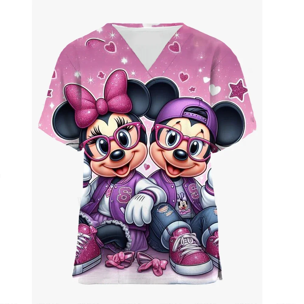 Tops Mickey T-shirts Nurse Uniform Hospital T-shirt Pocket Woman Clothes V Neck Disney Top Women 2024 Minnie Mouse Tees Women's