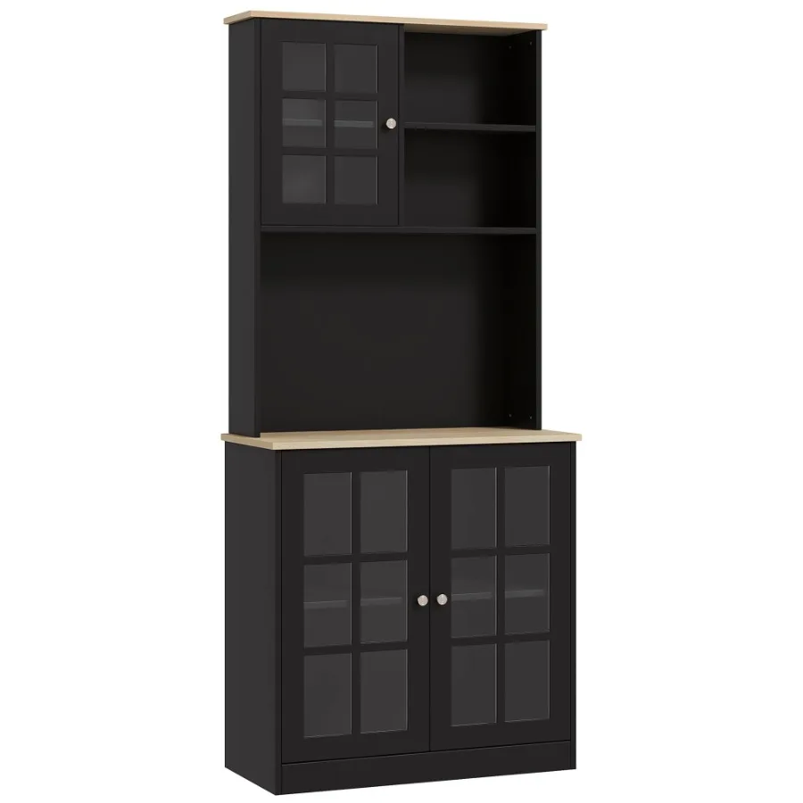 

HOMCOM Kitchen Pantry Cabinet 72 Freestanding Storage Cabinet with Hutch Large Countertop Glass Doors and Adjustable Shelves Mi