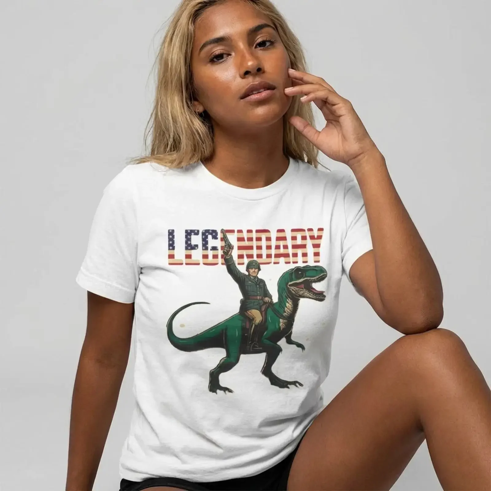 Legendary General Patton Riding T Rex Shirt American Flag Text vintage Washed fashion Top For Everyday Wear graphic Breathable