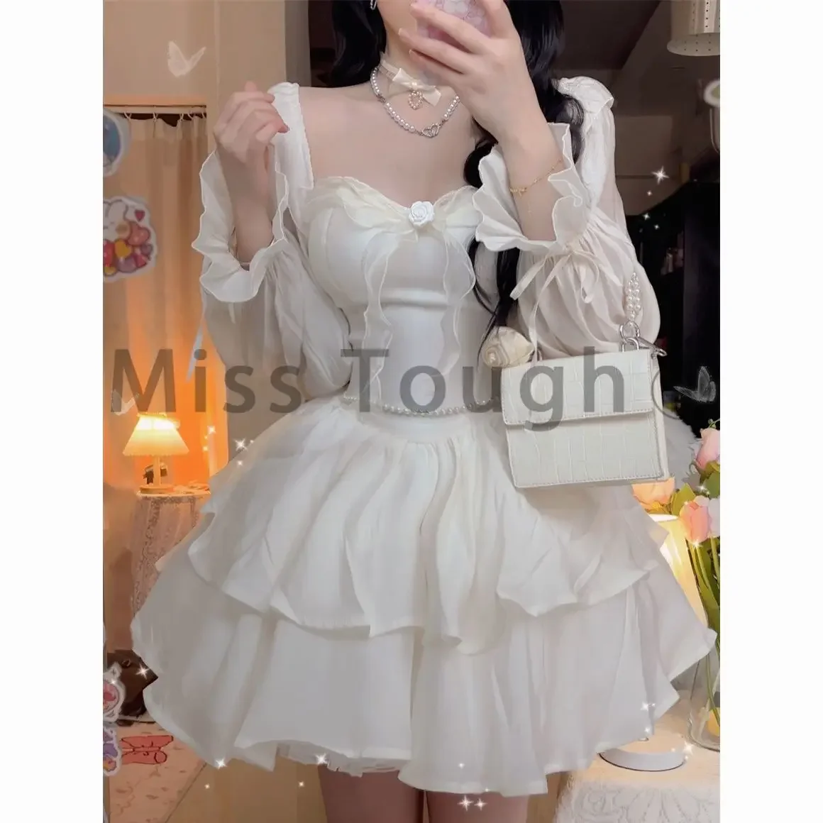 Winter Solid Fairy Kawaii Dress Women Long Sleeve Designer Lolita Mini Dress Female Casual Korean Fashion One Piece Dress 2023