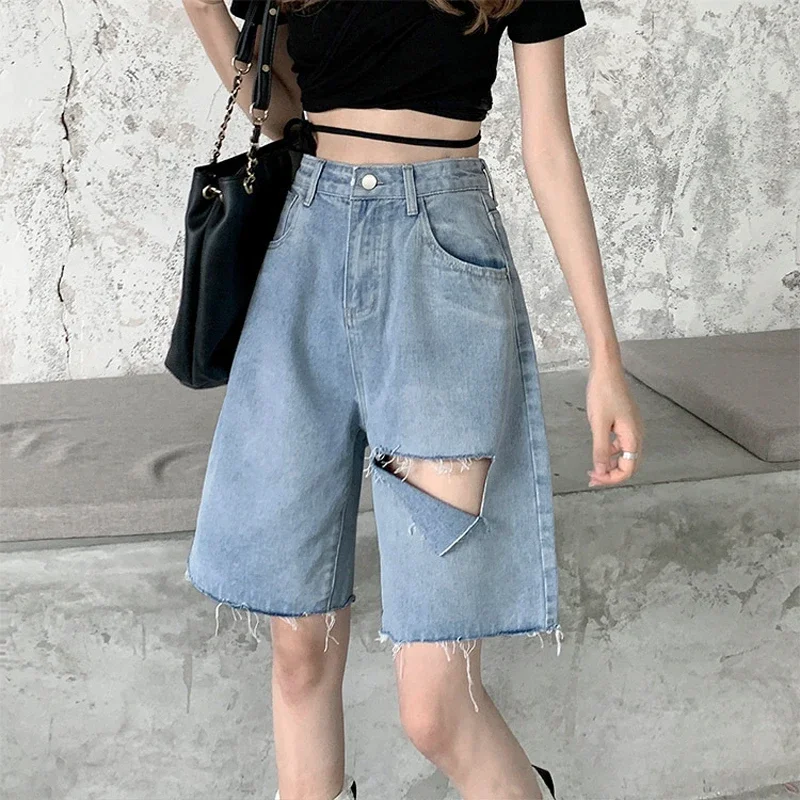 Women's A-line Wide Leg Denim Shorts Summer New Street Style Young Girl Sexy Simple Casual Straight Hole Shorts Female