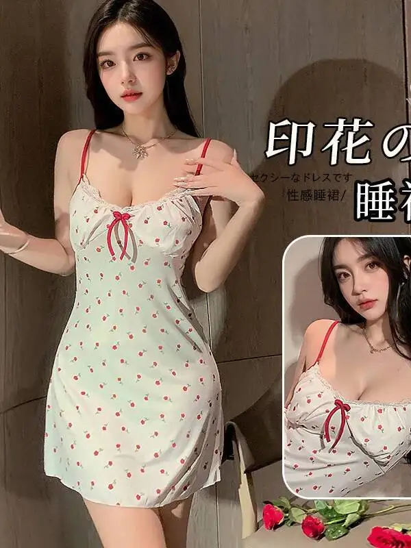 Chemise de nuit Sexy à bretelles avec coussinets de poitrine, ensemble de vêtements de maison, jeu de rôle, vêtements de nuit sexy, robe élégante, mode douce, Mini robe TOS8