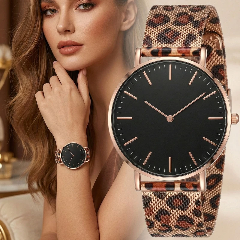 

Luxury Rose Gold Watches for Woman Simple Casual Ladies Quartz Clock Steel Mesh Leopard Strap Women's Wristwatch Montre Femme