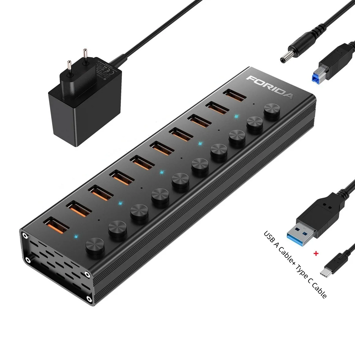 

FORIDA Powered USB 3.2 HUB 10 Ports USB Extension with On/Off Switches 12V Power Adapter Support for MacBook Mac Pro Tablets