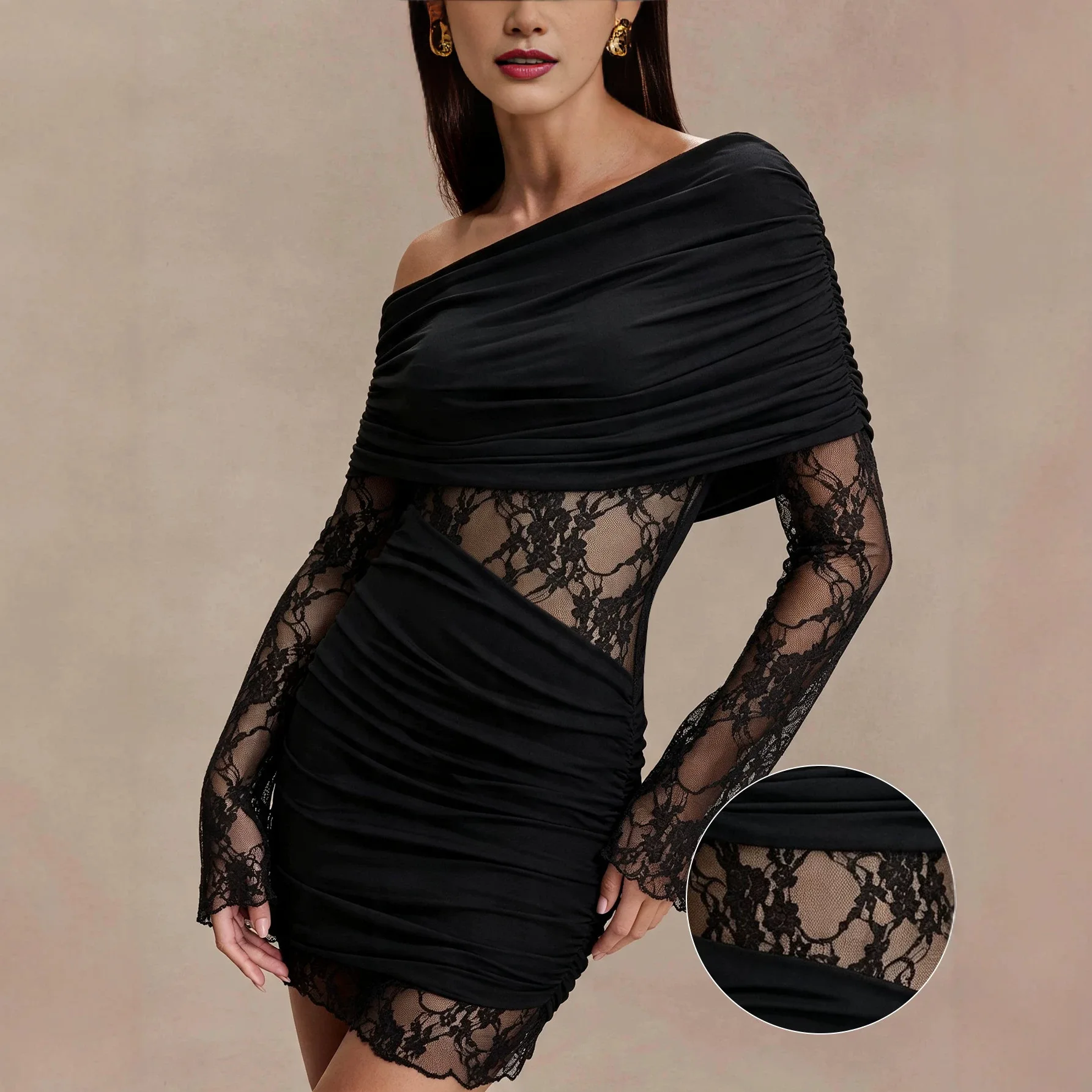 Women New Trendy One Shoulder Long Sleeve Lace Patchwork Waist Bodycon Mini Dress