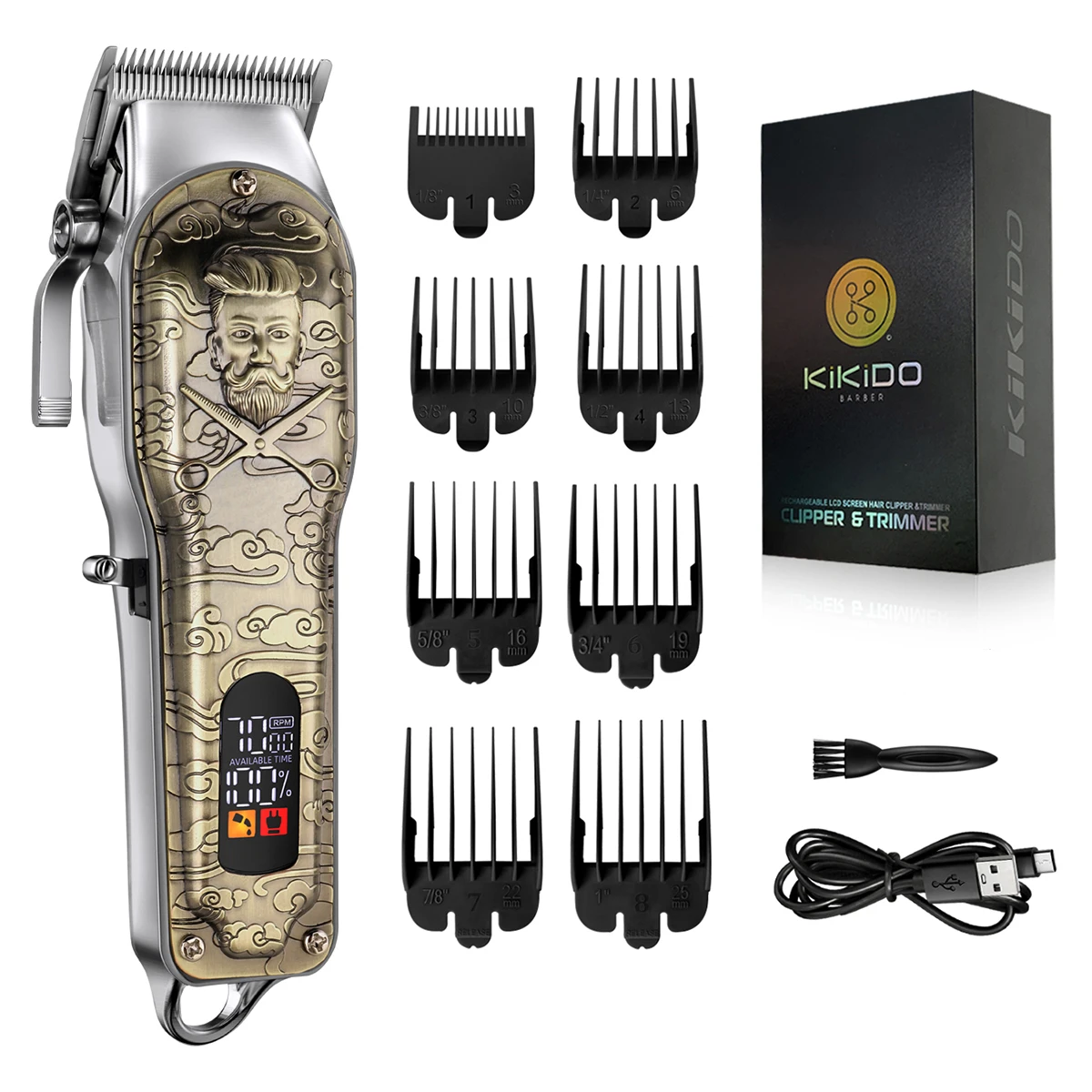 KiKiDO Professional LCD Screen Hair Clipper Cordless Rechargeable Barber Trimmer 7000RPM 8 Guards Precision Cutting Hair Trim