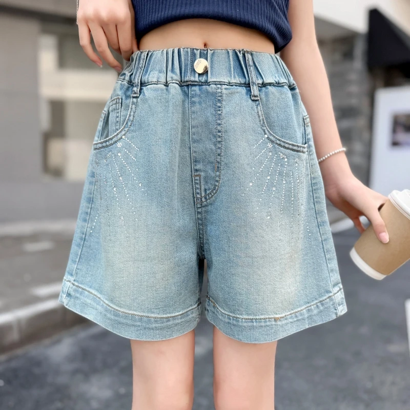 Girls Rhinestone Denim Shorts Elastic Waist Wide Leg Jean Shorts Kids Summer Light Blue Washed Casual Shorts 6-14Y