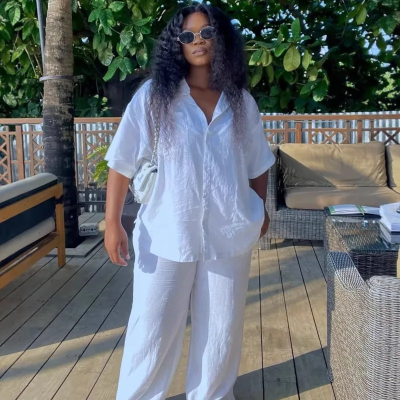 2026 New African Women White Two-Piece Outfit Oversized Button Up Shirt Wide Leg Pants Loose Fit Casual Set For Plus Size