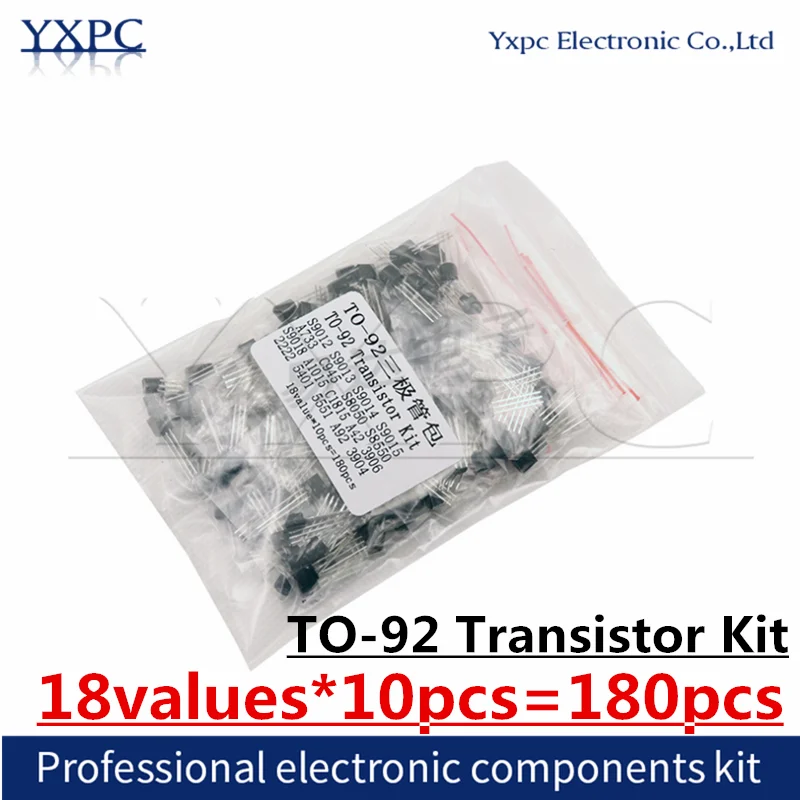 

18values*10pcs=180pcs TO-92 Transistor Assorted Kit 2N2222 S9013 S9014 S9015 S9018 S8050 S8550 5551 5401 2N3904 2N3906 C1815 Diy