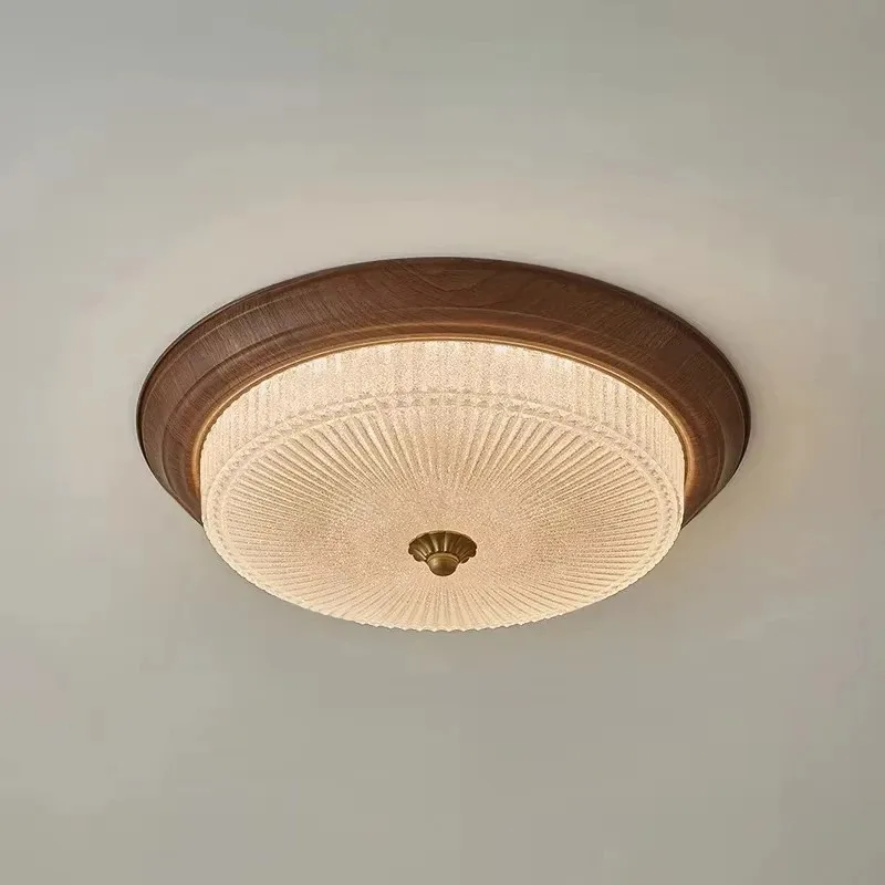 American Retro Walnut Color Ceiling Light Engraved Glass LED Light Study Corridor Bedroom Parlor Indoor Luxury