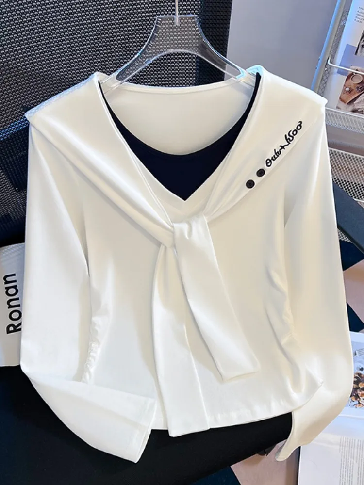 

Korean Sle Slim Fit Long Sve V-Ne Self-Purchase Recommendation Fake Two-Piece oulder Wrap Waist-Cinching ort Top