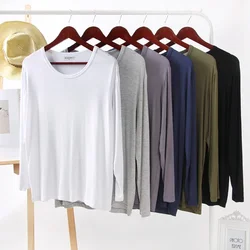 Novo modal masculino em torno do pescoço pijamas manga longa casual camiseta tamanho grande solto cor sólida topos serviço de casa sleep wear masculino