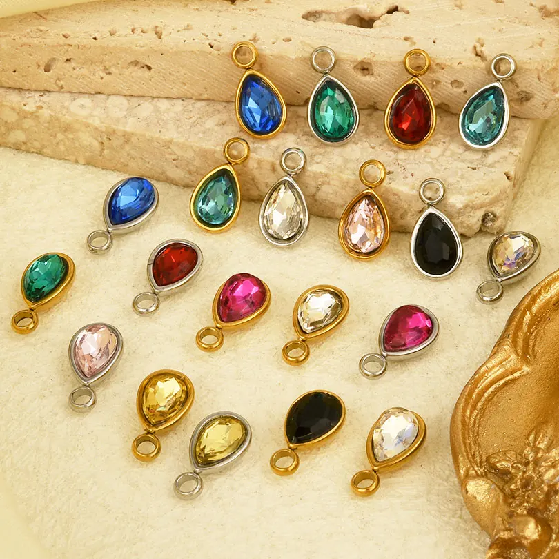 

5pcs Real Gold Plated Water Droplets Rhinestone Stainless Steel Charm Pendants For Jewelry Making Bracelets Necklace Earrings