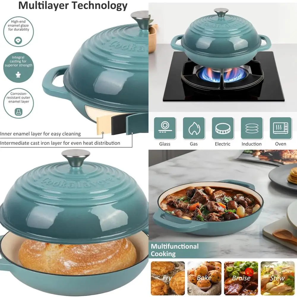 

Эмалированная чугунная голландская духовка для выпечки хлеба — антипригарная 5-литровая овальная печь для выпечки хлеба (зеленая, 5 QT)