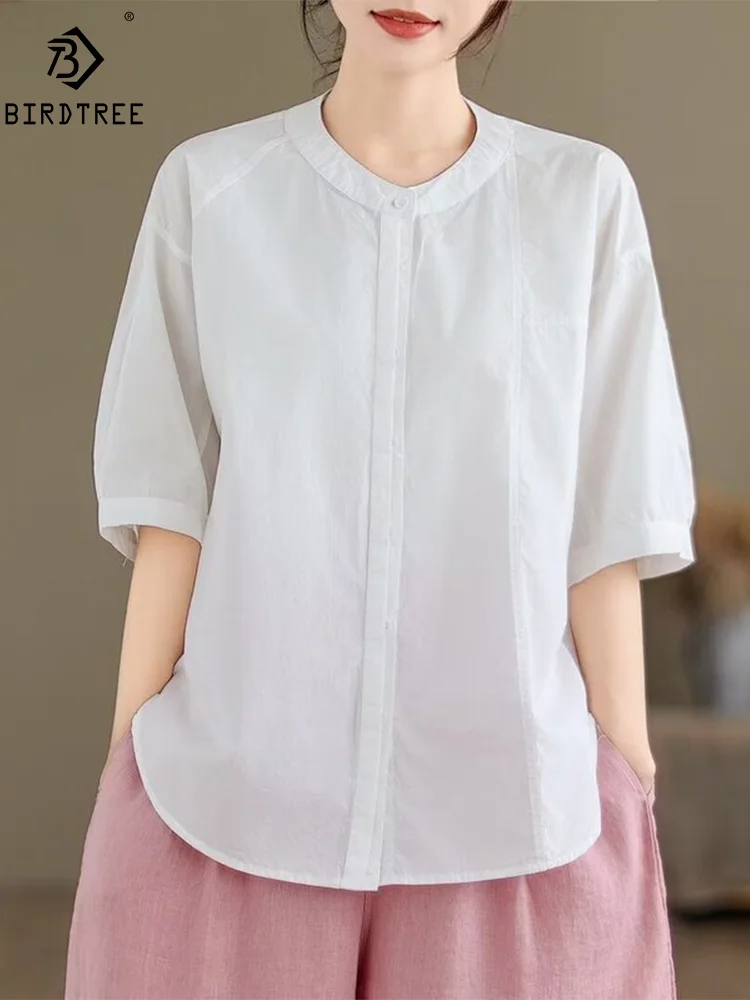 

New Spring Cotton Retro Shirts Women Loose Stand Neck Solid Blouses Girl Short Sleeve Casual OL Sweet Top 2024 Summer T455144QM