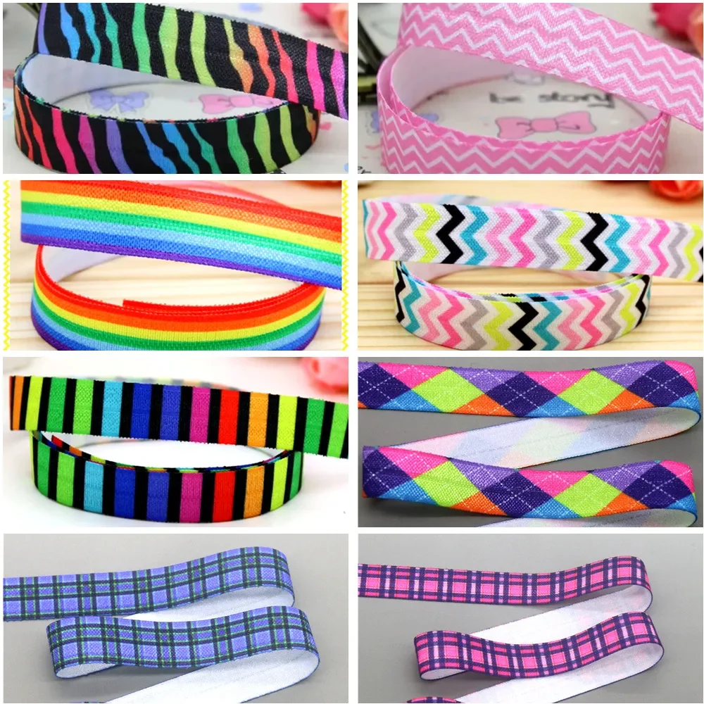 DHK 5/8'' 5yards Fold Elastic FOE Rainbow Chevron Pattern Plaid Printed Headband Hair Band Diy Decoration OEM Wholesale C416