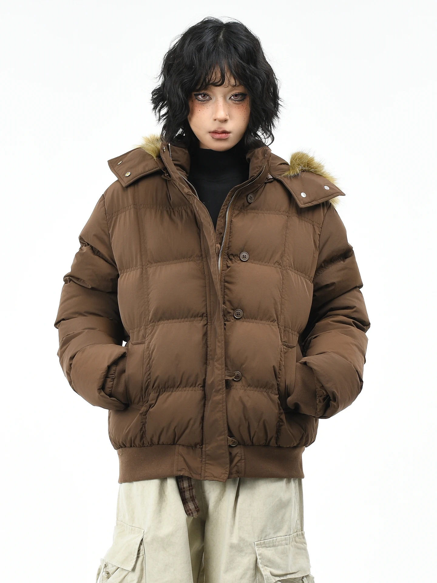 

Оригинальная американская ретро-куртка OV с капюшоном, женская зимняя свободная теплая одежда для пар, мужская хлопковая одежда со съемным меховым воротником