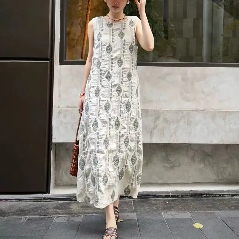 2025 Summer Women Cotton Linen Ethnic Style Sleeveless Print Loose Long Dress Boho Beach Holiday