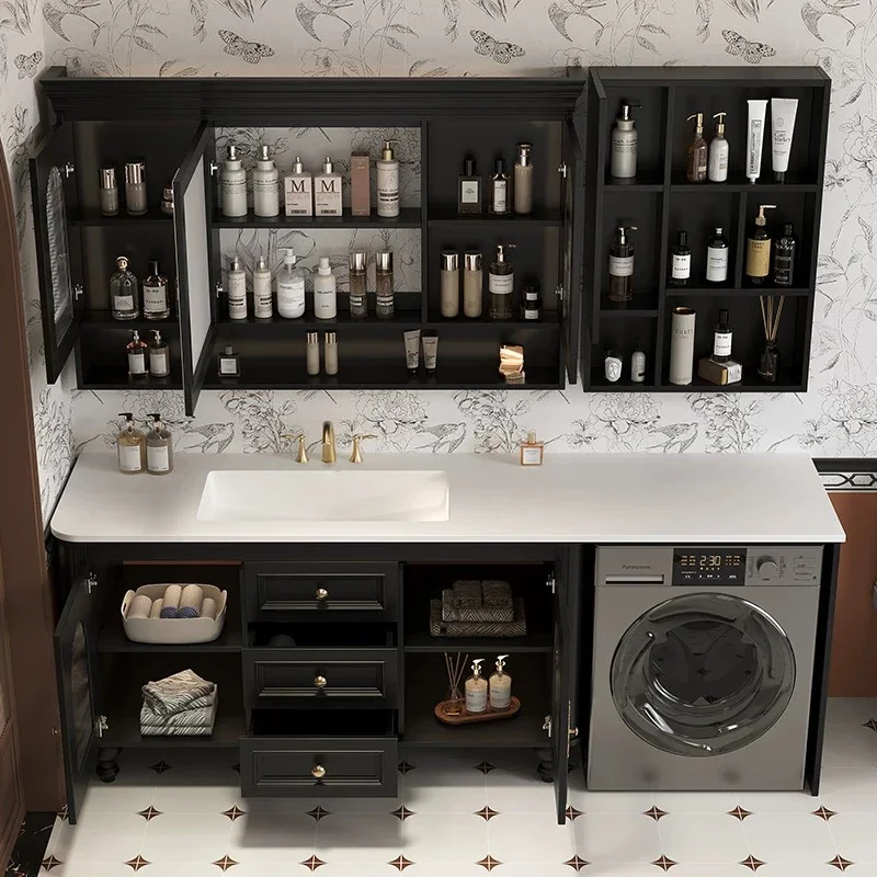 

Cream style bathroom cabinet combination rock slab ceramic integrated basin bathroom vanity sink washbasin cabinet combination