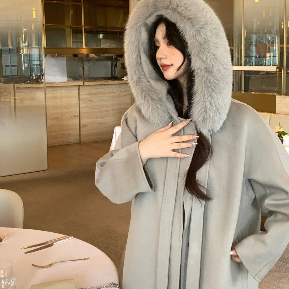 2024 New Autumn Winter Double-side Woolen Real Fox Fur Jacket Women Long Loose Hooded Collar Tie Up Wool Coat Female Fashion