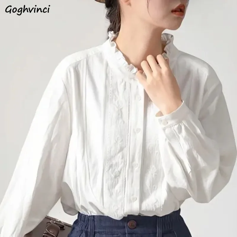 Solid Shirt Women Spring Ruffles Embroidery Lace Decoration Japan Style Long Sleeve Sweet Lovely Loose All-match Single Breasted