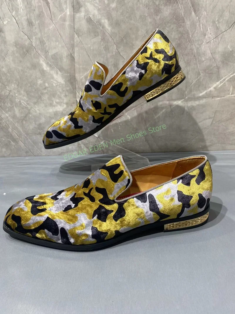 Luxury Men's Studded-Heel Jacquard Loafers Shoes Slip On Male Gold Black Print Round Toe Party Wedding Formal Dress Single Shoes