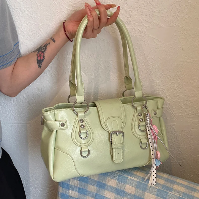 

Korean Y2k Style Pu Shoulder Tote Bag Vintage Buckle Hardware Underarm Handbag Women Solid Color Daily Commute Handheld Purse