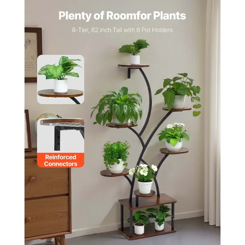 Indoor plant stand. 62 inches tall, multi-tiered support structure with a novel tree-shaped design and unique appearance.