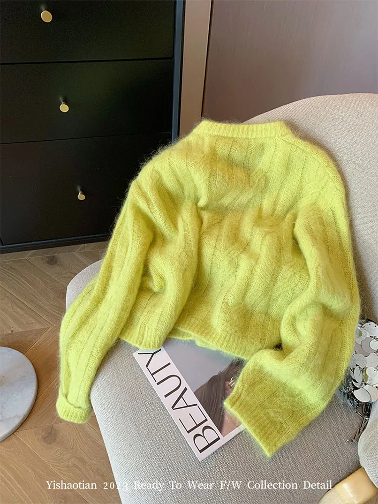 Coreano Inverno Autunno Donna Con Scollo A V Cardigan Verde Accogliente Top in Cashmere Capispalla Lavorato a Maglia Manica Lunga Harajuku Coquette