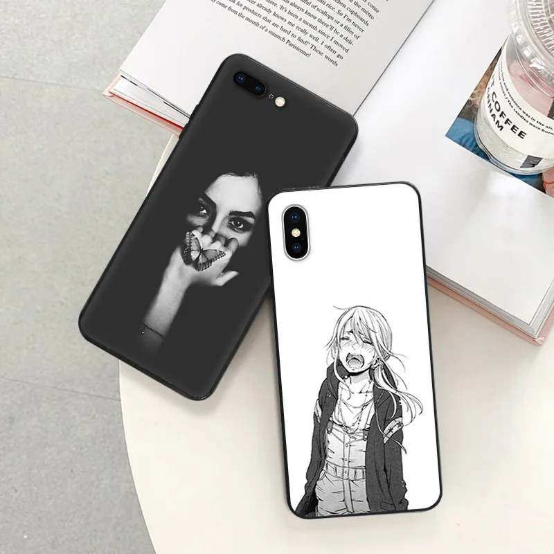 Matte Phone Case For iphone 16 Plus 15 14 13 12 11 Pro Max Mini 7 8 XR 16Pro XS 15Pro Cartoon Crying Girl Sad Black Soft Cover