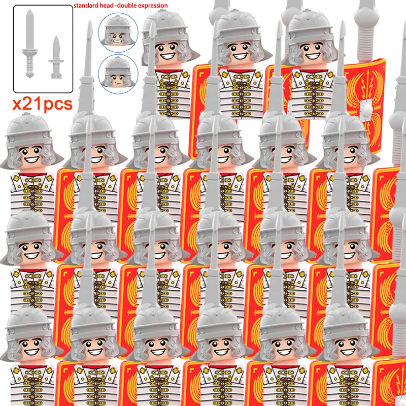 Medieval Military Rome Castle Figures Set Roman Soldiers Infantry Head Movable Trumper Weapons Shield Building Blocks Bricks Toy