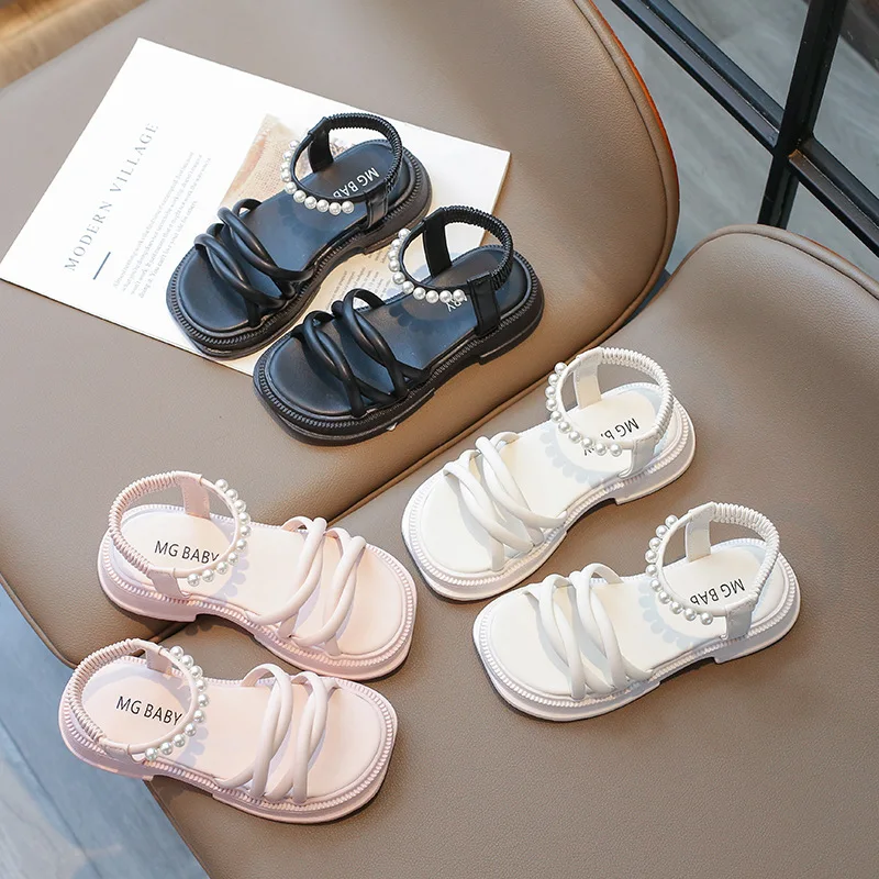 

Сандалии для девочек, летняя детская Повседневная пляжная обувь принцессы с жемчугом, модные детские сандалии на плоской подошве с открытым носком