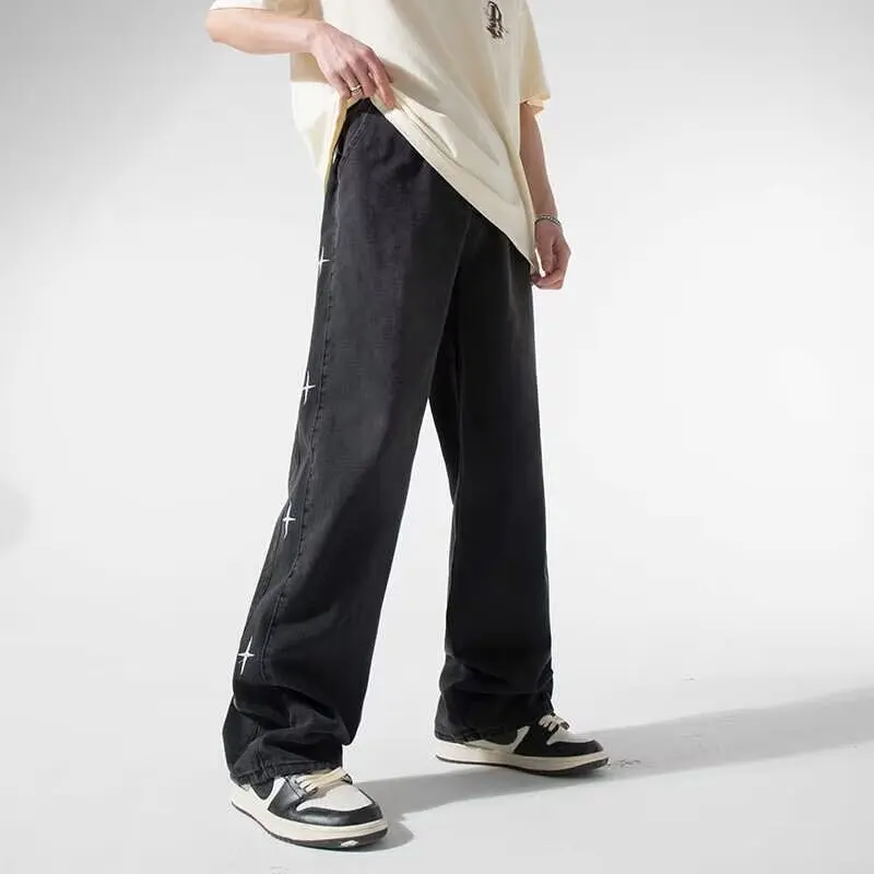Men Retro Washed Wide Leg Denim Jeans Loose Relaxed Fit Casual Streetwear Trousers Side Printed Baggy Pants For Men